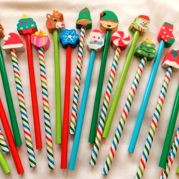 Christmas Characters Pencil Set (24) Various Colored Pencils w Character Eraser - Picture 3 of 5